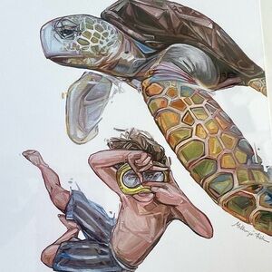 Vintage Framed Art Print Pop Surrealism Turtle & Child Signed By McKenzie Fisk